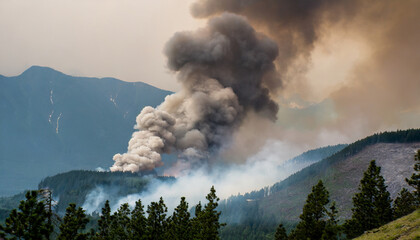 Intense forest fire raging through trees, billowing smoke against a fiery backdrop, symbolizing nature's resilience and destruction