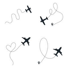 Airplane Dotted Icon Set. With Flat Design. Isolated Vector. 