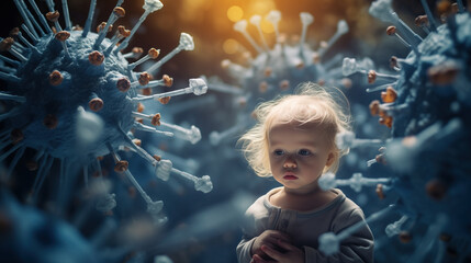 Little Baby Among Viruses, Child Immunization Concept - obrazy, fototapety, plakaty