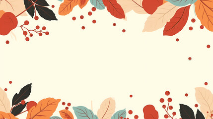 Hand drawn horizontal banner pattern with autumn bright leaves and berries in retro color template. Flat doodle style. Vector illustration.