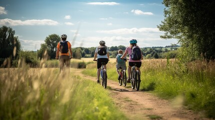 Fototapeta premium Family Bike Ride Along Lush Green Path