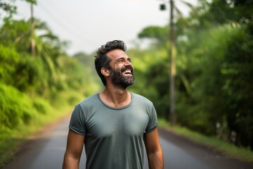 Joyful Man Embracing Tropical Nature

