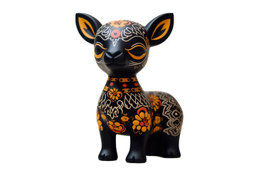 12 animal designations PNG: a figurine of a lovely goat baby, Very cute with colorful designs, Chinese traditional folk mud dog art style, in the style of woodcarvings