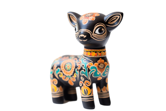 12 animal designations PNG: a figurine of a lovely goat baby, Very cute with colorful designs, Chinese traditional folk mud dog art style, in the style of woodcarvings