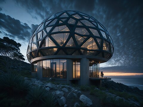 architectural Dome home  overlooking a serene ocean