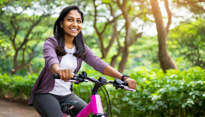 Fototapeta na wymiar Close-up of a woman riding a pink electric bike in nature background, 