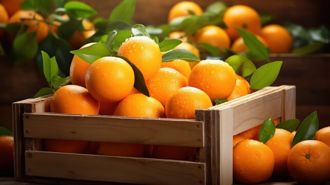 A Fresh mandalin oranges in wooden crates, on isolated background, water droplets on the surface, fresh harvest concept.