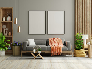 Dark grey sofa in modern apartment interior with poster frame and accessories decoration - obrazy, fototapety, plakaty