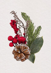 Watercolor christmas decoration with holly berries