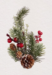 Watercolor christmas tree decoration with cones