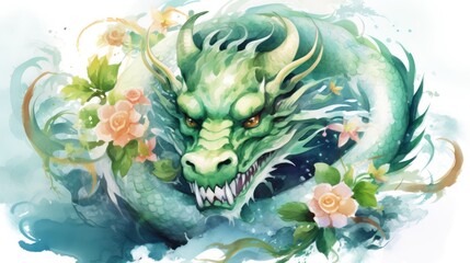 A Watercolor painting for Happy Chinese New Year Powerful green dragon Scary and awe-inspiring. Chinese Watercolor painting art. Chinese New Year concept. New Year greeting card background.