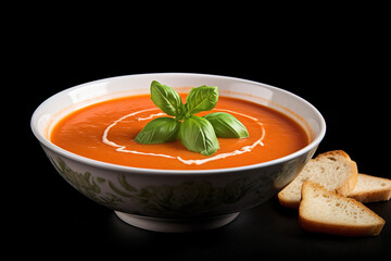 Tomato Basil Soup in front of black background using generative AI 