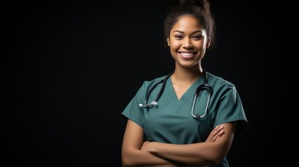 A Beautiful female nurse smiling with arms crossed looking at camera, side view, half body shot, black isolated background - obrazy, fototapety, plakaty