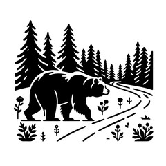 Bear Wandering Down a Forest Trail Logo Monochrome Design Style