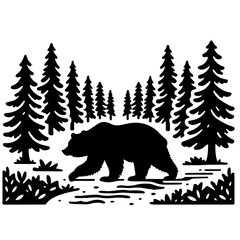 Bear Wandering Down a Forest Trail Logo Monochrome Design Style