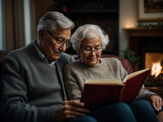 Cozy Reading: Senior Couple by the Fireplace