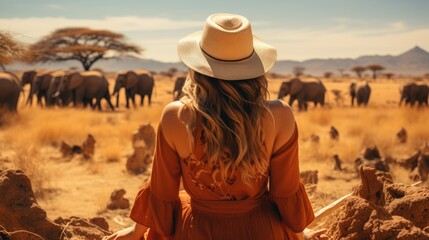 Tourist in safari at savanna. View from behind