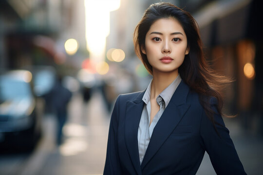 Radiating confidence, female businesswoman in navy suit strikes poised pose against backdrop of blurred street and buildings, epitomizing professionalism and urban sophistication. Generative AI.