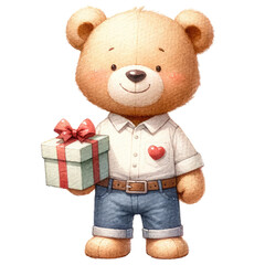 Watercolor cute teddy bear with a gift box on a isolated