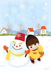 雪景色に雪だるまと子供