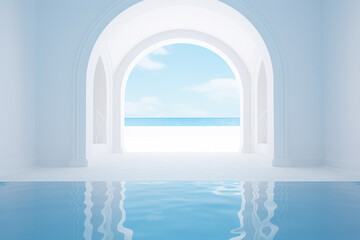 3d landscape rendering of a white room with arch and column in greek or minimal style opening to blue sky and ocean view, pool in the room. Generative AI.
