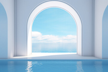 Obraz na płótnie Canvas 3d landscape rendering of a white room with arch and column in greek or minimal style opening to blue sky and ocean view, pool in the room. Generative AI.
