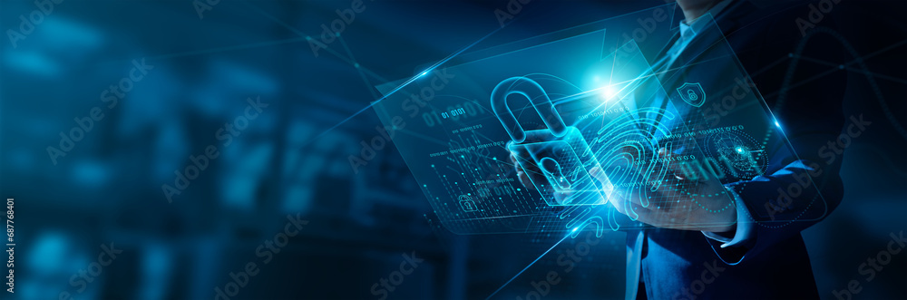 Poster Cyber security, Businessman use virtual screen and Login verified identity credentials on network of data protection technology on digital padlock, Business data privacy, Protect of cyber attack.