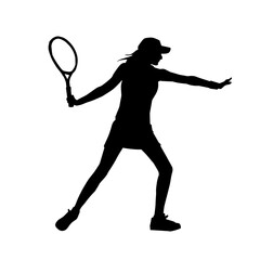 Silhouette of a female tennis sport athlete in action pose. Silhouette of a sporty woman playing tennis sport.