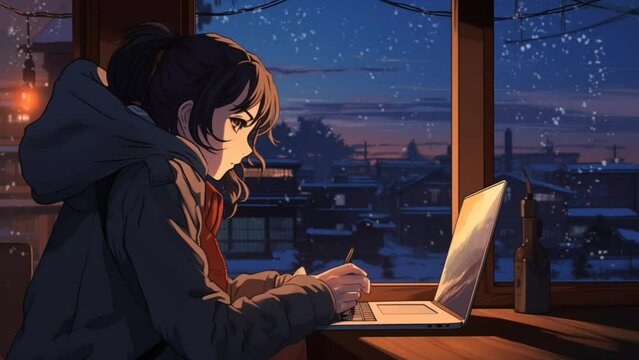 Lofi cozy anime girl in winter with snowfall outside the window. seamless looping time lapse virtual 4k video animation background. Generated with AI