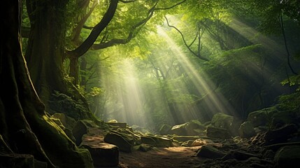 Sunbeams piercing through the thick canopy of an ancient, mystical forest.