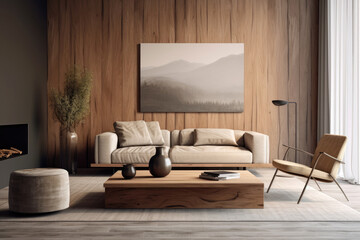 Living room with cozy and warm tone decorated with oak wood wall and floor background, Scandinavian and minimal design, decoration with sofa, carpet, pillows and lamp.