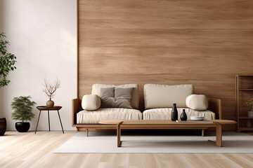 Fototapeta na wymiar Living room with cozy and warm tone decorated with oak wood wall and floor background, Scandinavian and minimal design, decoration with sofa, carpet, pillows and lamp.