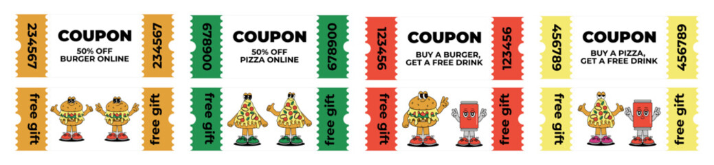 Set Retro groovy cartoon Gift Vouchers and Coupons with character Burger, Pizza and Drink. Vintage mascot with psychedelic smile and emotion. Funky vector illustration