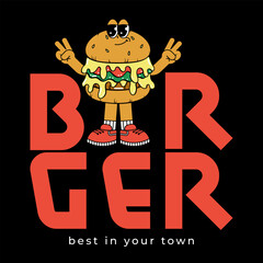 Retro groovy cartoon poster with character Burger. Vintage mascot with psychedelic smile and emotion. Funky vector illustration