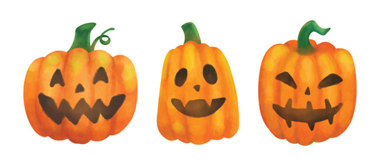 set of Halloween Painting Watercolor Pumpkin with funny expression. Jack O’Lantern isolated on white background. Autumn festival element vector illustration for party, card and poster