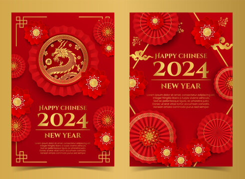 Chinese New Year 2024 Celebration Poster Vector Illustration Set