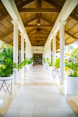 Resort hotel in the Dominical Republic, Punta Cana, with white round pillars