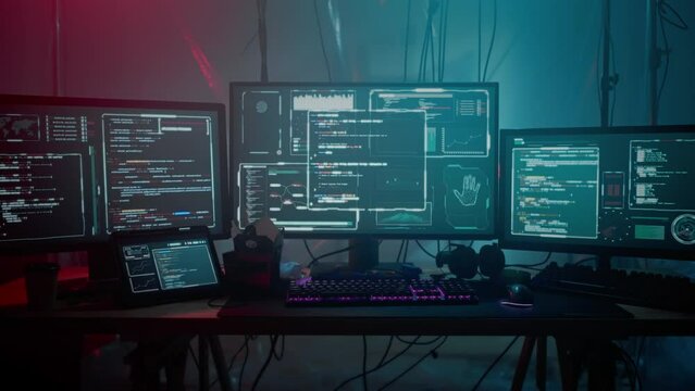 Front view of computer setup with multiple monitors on desk