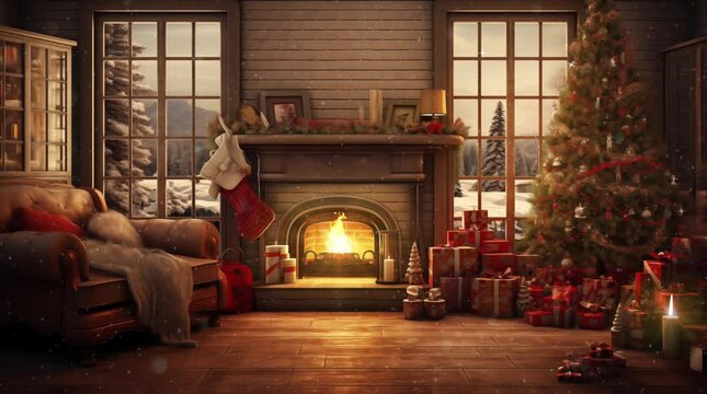 inside of home with christmas vibe, seamless looping 4K animation video background