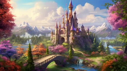 Enchanting fairytale castle surrounded by lush, fantastical landscapes in a vibrant illustration - obrazy, fototapety, plakaty