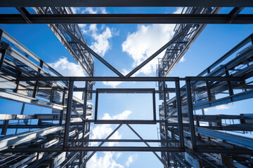 Fototapeta premium Structure of steel roof truss under the construction building with beautiful sky, site of construction.