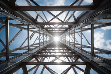 Structure of steel roof truss under the construction building with beautiful sky, site of construction. - obrazy, fototapety, plakaty