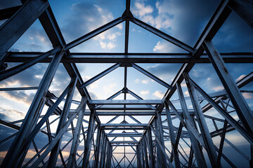 Fototapeta premium Structure of steel roof truss under the construction building with beautiful sky, site of construction.