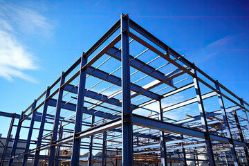 Structure of steel roof truss under the construction building with beautiful sky, site of construction.