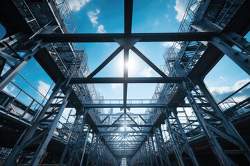 Structure of steel roof truss under the construction building with beautiful sky, site of construction.