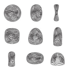 Modern abstract set black round shapes with lines, circles, drops on white background. Vector hand drawn illustration