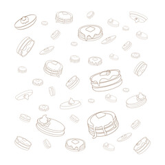 Simple pancake pattern. Vector vintage background pancake drawing. Hand drawn monochrome food illustration. Great for menu, poster or label.