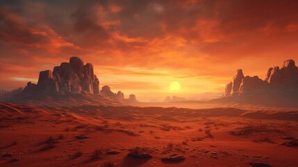 An AI-generated virtual desert with vast dunes, dramatic rock formations, and a mesmerizing sunset casting warm hues across the landscape.