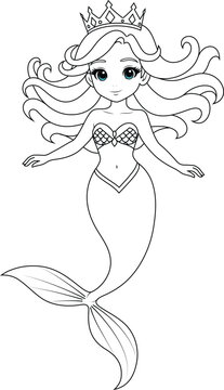 Kawaii mermaid princess cartoon character isolated on white background coloring page