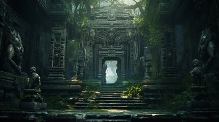 An ancient, overgrown temple with vines and moss covering intricate carvings.
